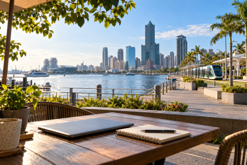Generated editorial view of Kaohsiung’s waterfront skyline and light rail from a remote-work cafe