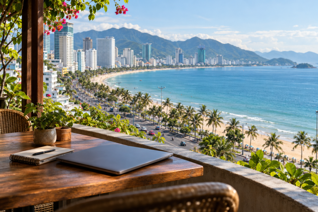 Generated editorial view of Nha Trang’s beachfront and skyline from a remote-work cafe