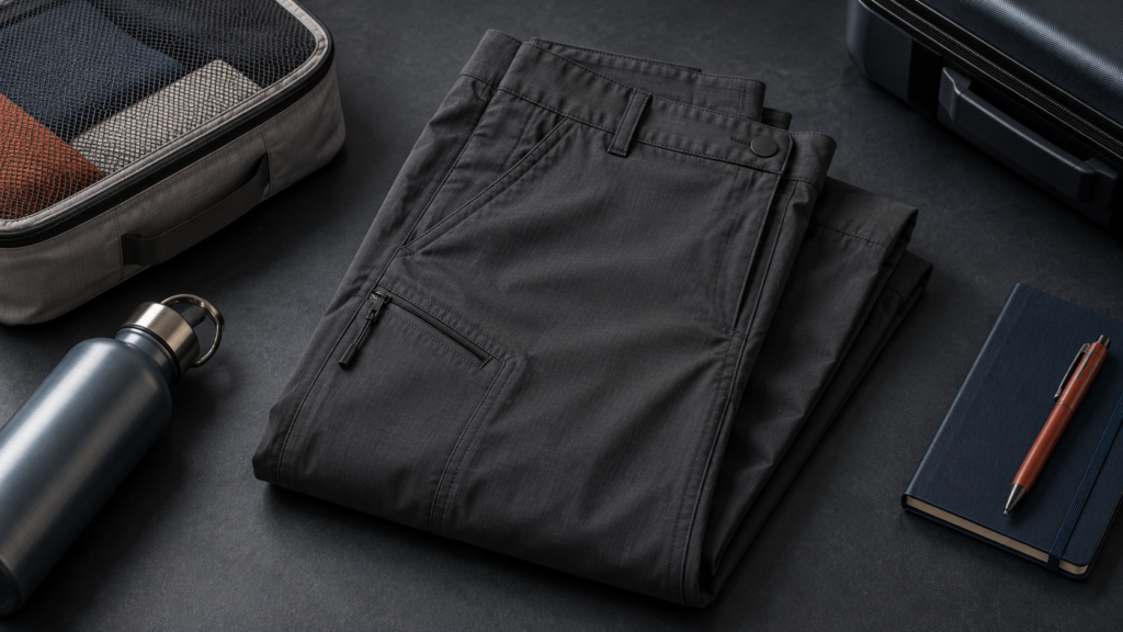 Illustration of folded charcoal travel trousers with packing accessories on a dark studio surface