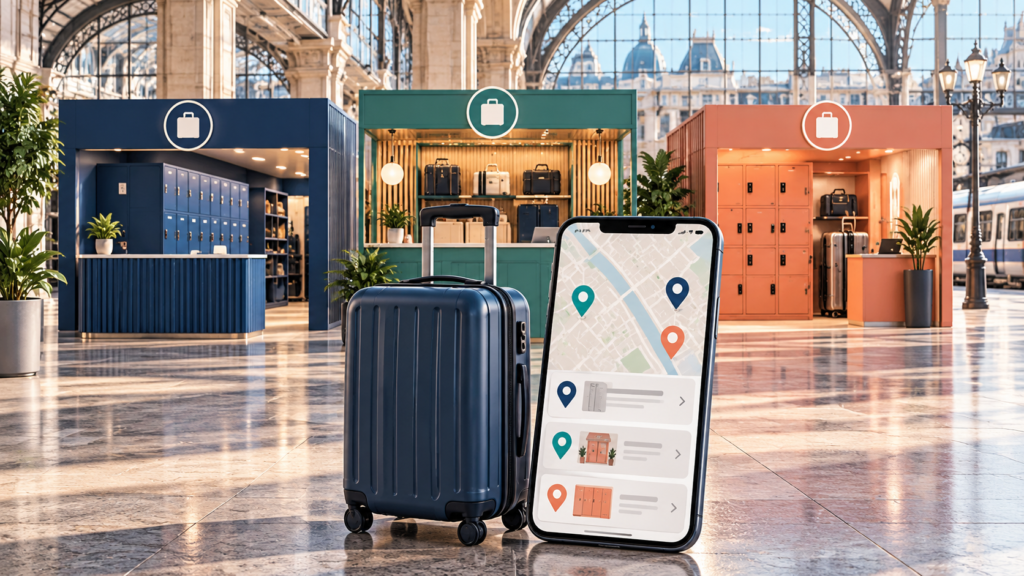 Illustration of a suitcase and phone map comparing three luggage storage options in a train station