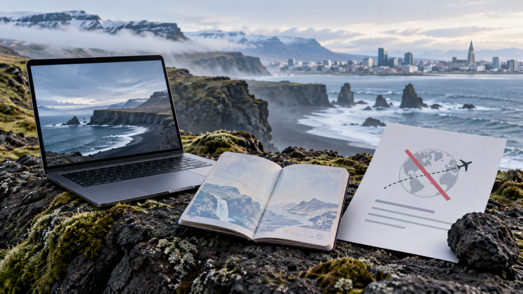 Illustration of a laptop, passport and changed travel route against an Icelandic volcanic coast
