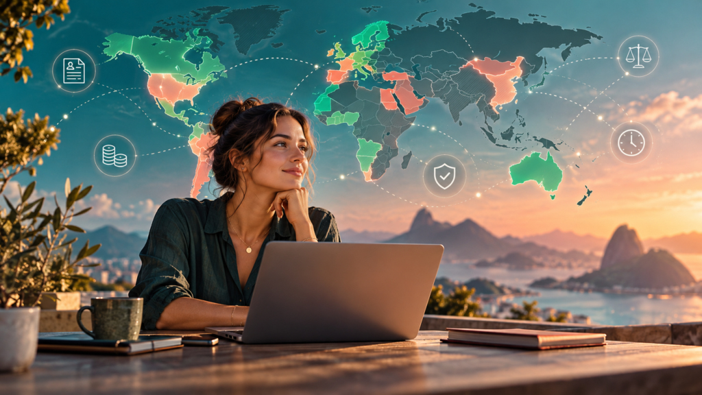 Editorial illustration of a remote worker reviewing geographic work restrictions