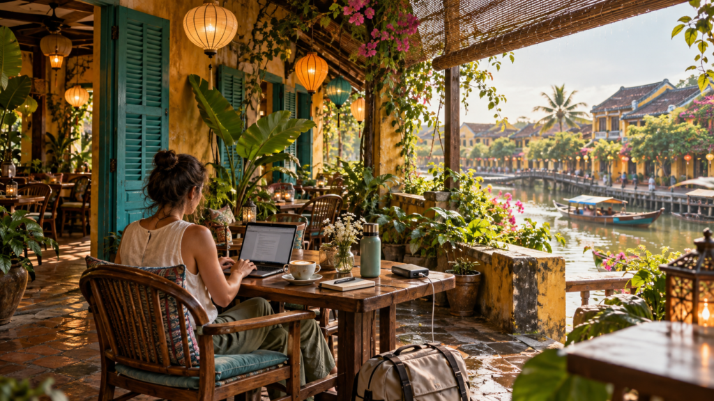 Editorial illustration of a remote worker at a Hoi An-style café
