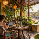 Editorial illustration of a remote worker at a Hoi An-style café