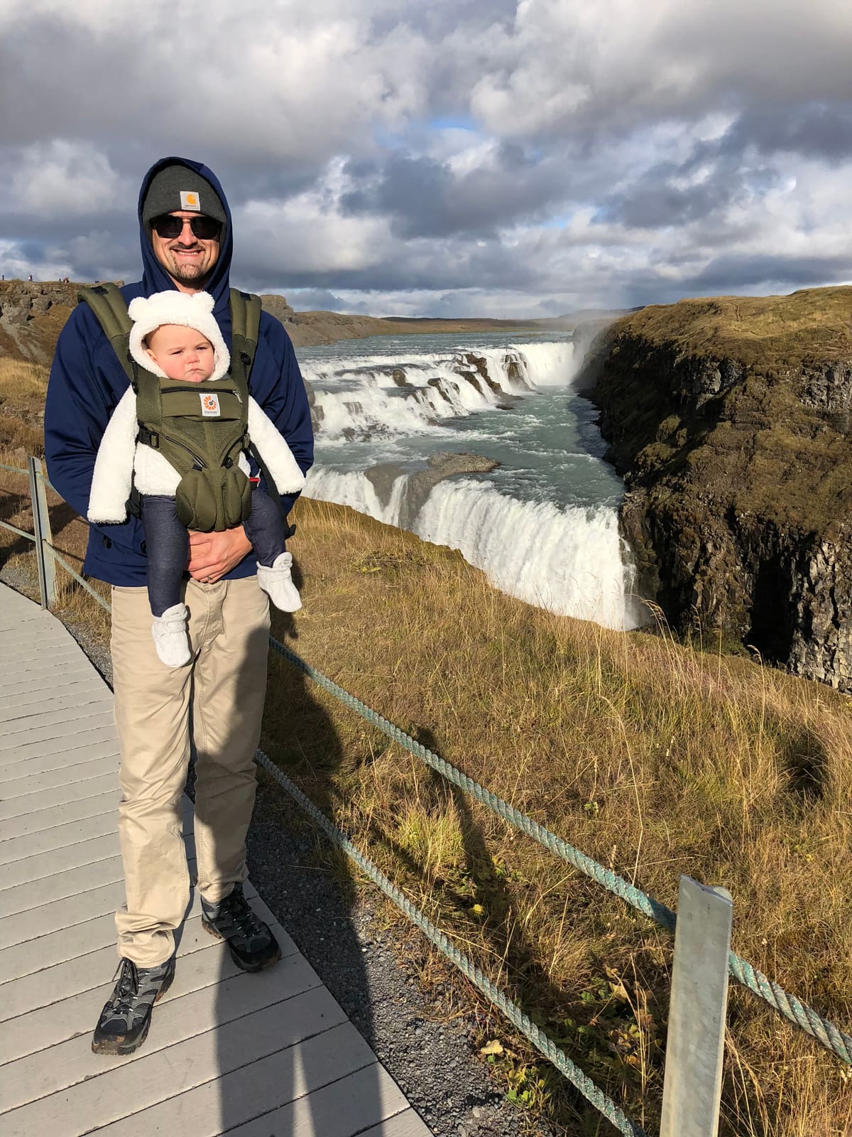 The Fredettes at Gullfoss waterfall in Iceland with their nine-month-old daughter