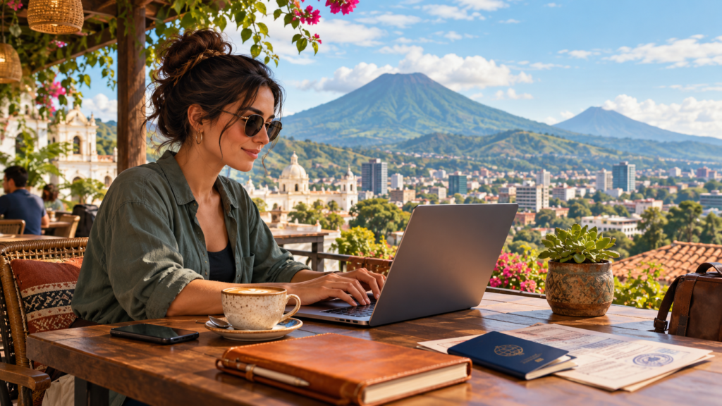 Illustration of a remote worker in San Salvador reviewing travel and immigration documents