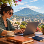 Illustration of a remote worker in San Salvador reviewing travel and immigration documents