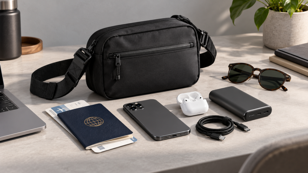 Illustration of a compact black sling bag with a passport, phone, power bank and travel essentials