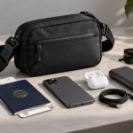 Illustration of a compact black sling bag with a passport, phone, power bank and travel essentials