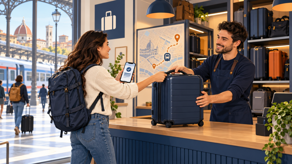 Illustration of a traveler handing luggage to a staffed storage partner near a train station