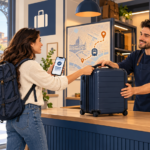 Illustration of a traveler handing luggage to a staffed storage partner near a train station
