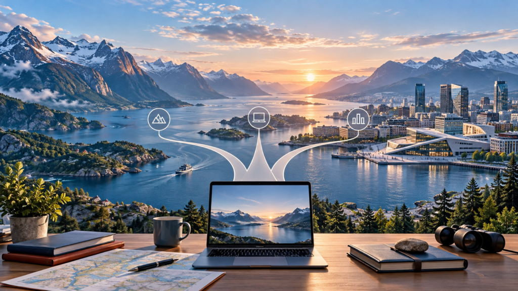 Editorial illustration of a laptop overlooking a Norwegian fjord with branching remote-work routes