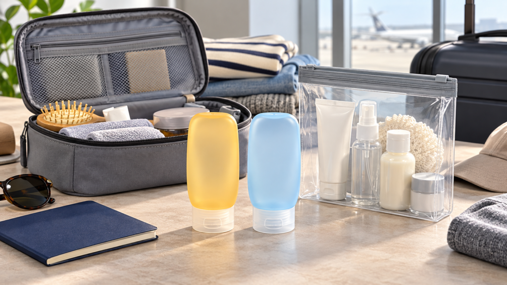 Editorial illustration of two refillable travel bottles beside a clear liquids pouch and toiletry bag