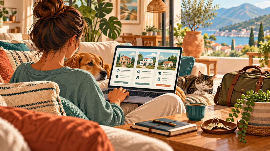 Editorial illustration of a remote worker comparing house sitting options with a dog and cat nearby